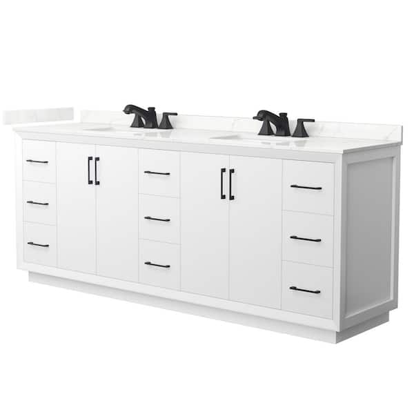 Wyndham Collection Strada 84 in. W x 22 in. D x 35 in. H Double Bath Vanity in White with Giotto Quartz Top