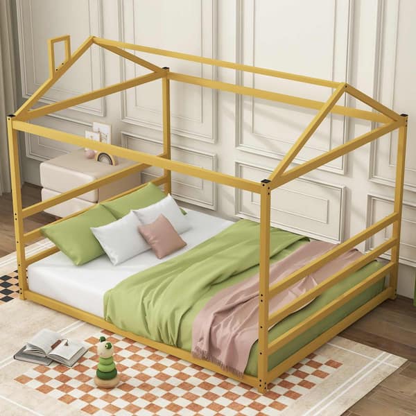 Gold Metal Frame Queen Size Platform Bed