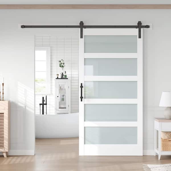 40 in. x 84 in. 5-Lite Frosted Glass White Finished MDF Sliding Barn Door with Hardware Kit