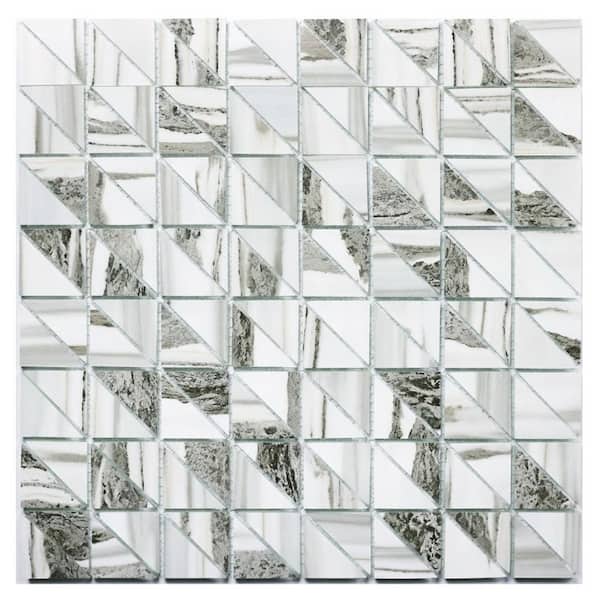 Nature White and Gray Triangle Mosaic 12 in. x 12 in. Glass Decorative Wall Tile (1.08 sq.ft./each)