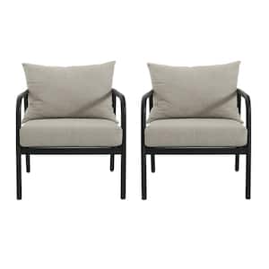 Outdoor Patio Black Aluminum Frame Club Chair, Set of 2, Beige Cushions