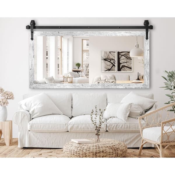 (58 in. W x 31 in. H) Weathered White Accent Mirror with Steel Barn Door Rail