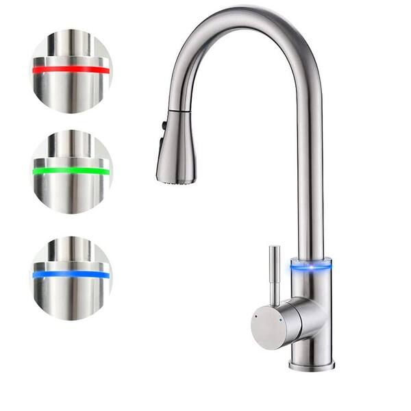 LED Brushed Nickel Pull Down Sprayer Kitchen Faucet Deck Mount Swivel Mixer Tap 