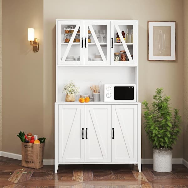 39 in. W x 16 in. D x 71 in. H White Linen Cabinet, Large Kitchen Pantry Storage Cabinet with Glass Doors