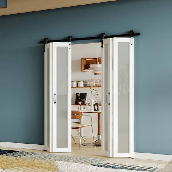 60 in. x 84 in. x 30 in. 2 Bi Fold 1-Lite Frosted Glass MDF White Solid Core Double Sliding Barn Door with Hardware Kits