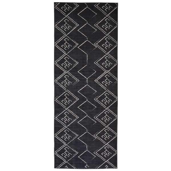 PLAYA RUG Aspen Black Creme 2 ft. 2 in.. X 6 ft. Machine Washable Tribal Moroccan Bohemian Polyester Non-Slip Backing Area Rug