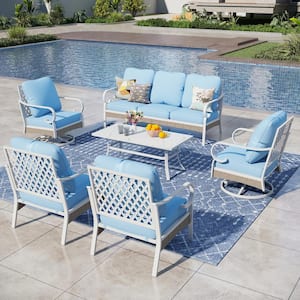 White 6-Piece Metal Outdoor Patio Conversation Seating Set with Swivel Chairs, Marbling Coffee Table and blue Cushions
