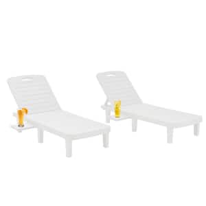 Set of 2 outdoor lounge chairs with tilt adjustable backrest and side trays for patio pool garden beach, white