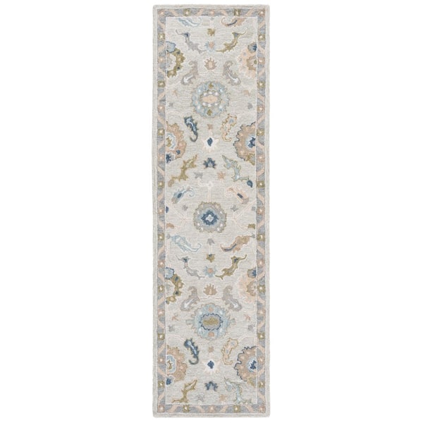 Metro 2 ft. x 8 ft. Beige/Blue Geometric Ornate Border Runner Rug