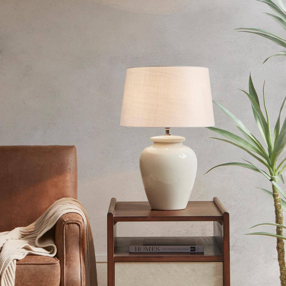 Cream Ceramic Table Lamp with White Drum Shade