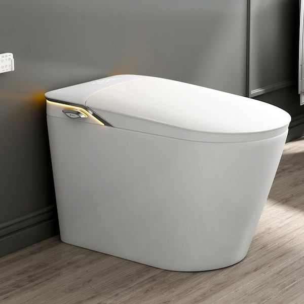 Auto Open Close Seat 1.28 GPF Elongated Smart Bidet Toilet in Glossy White with Foot Sensor Adjustable Sprayer Settings