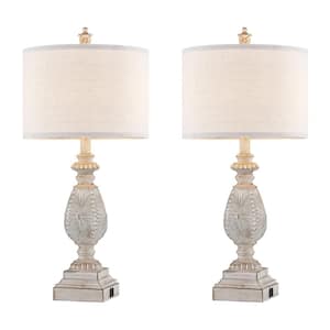 26.2 in. Distressed Ivory Farmhouse Bedside Table Lamp Set with USB Ports and LED bulbs (Set of 2)