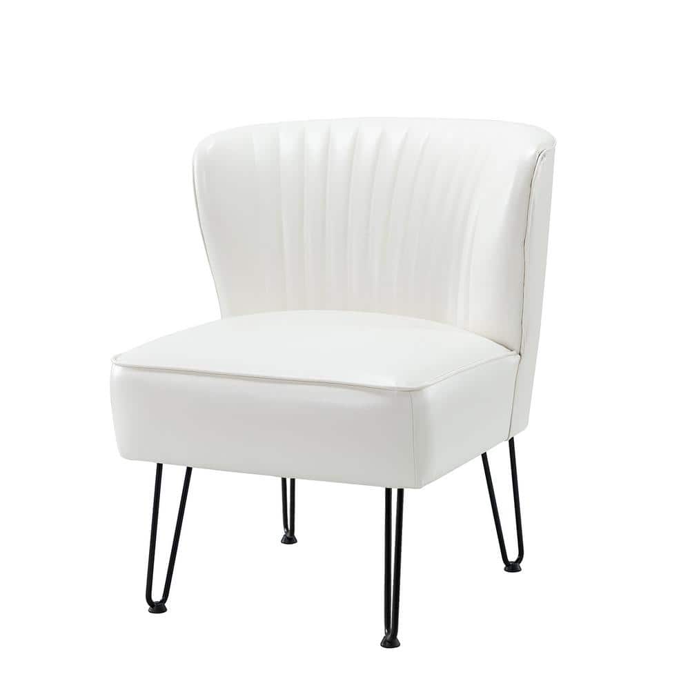 Christiano Modern Ivory Faux Leather Comfy Armless Side Chair with Thick Cushions and Metal Legs