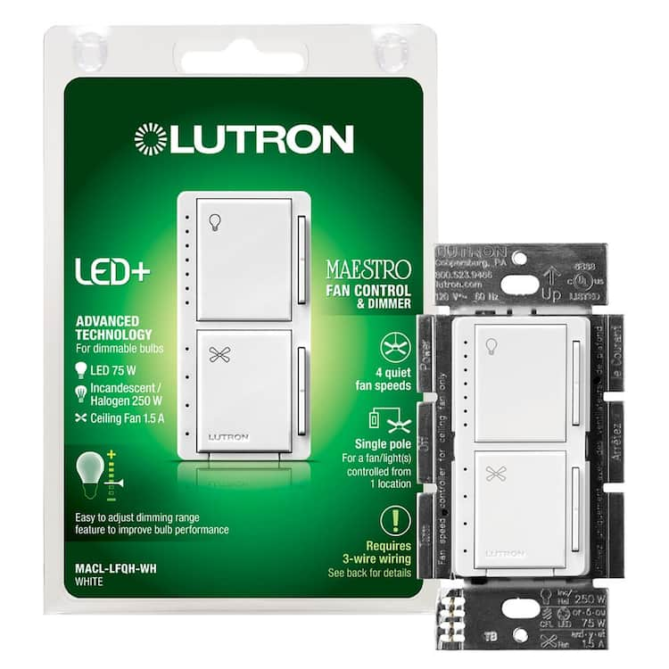 Lutron Maestro Fan Control and Light Dimmer for Dimmable LED and Incandescent Bulbs, 75W/Single-Pole, White (MACL-LFQH-WH)