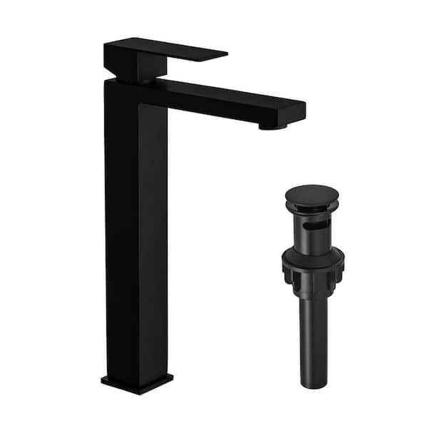 Single Handle Vessel Sink Faucet with Pop Up Drain, Single Hole Tall Bathroom Faucet in Matte Black