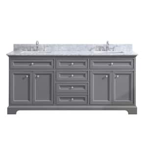 South Bay 73 in. Double Bath Vanity in Gray with Marble Vanity Top in Carrara White with White Basin