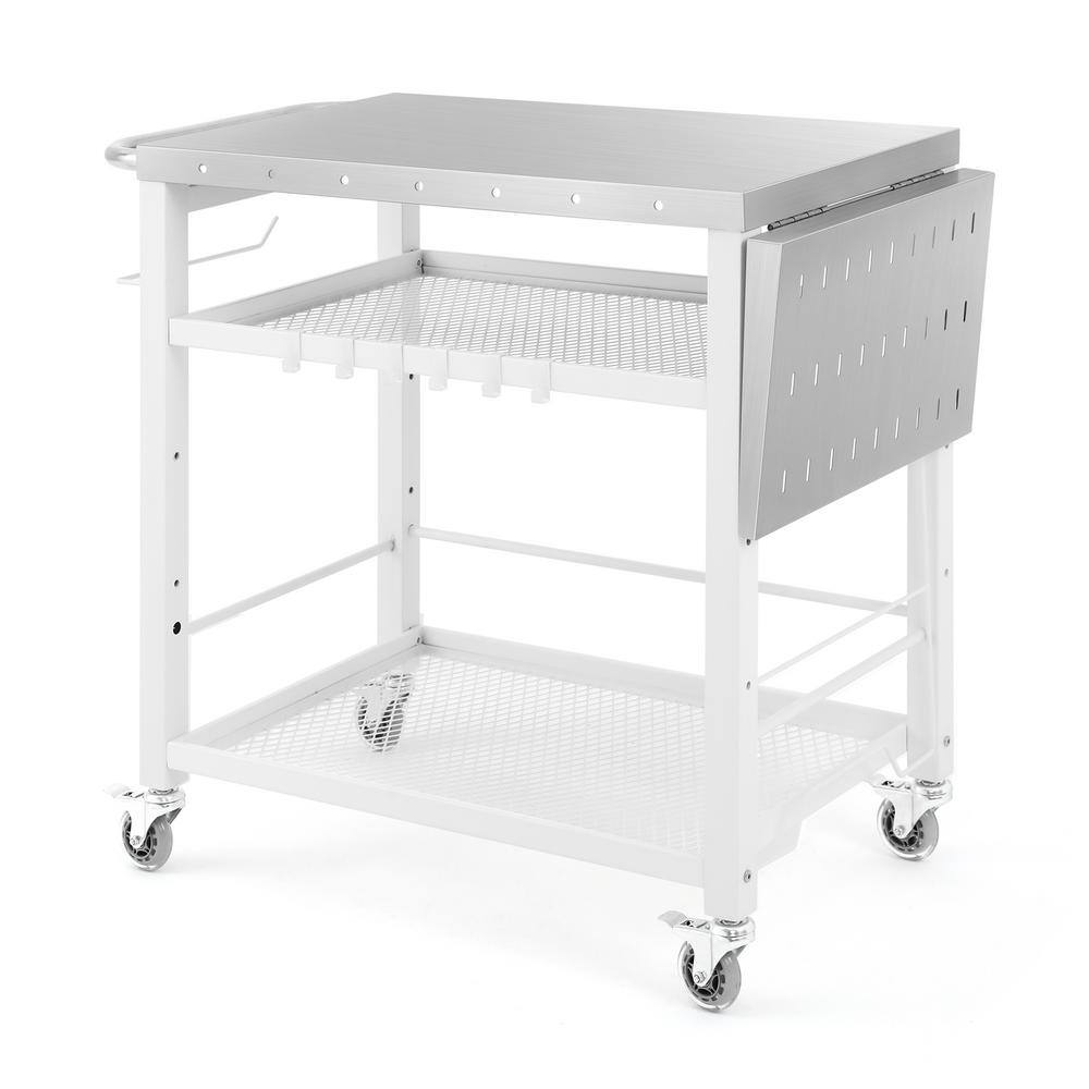 LUE BONA White 3Shelf Movable Outdoor Grill Carts Table Stainless