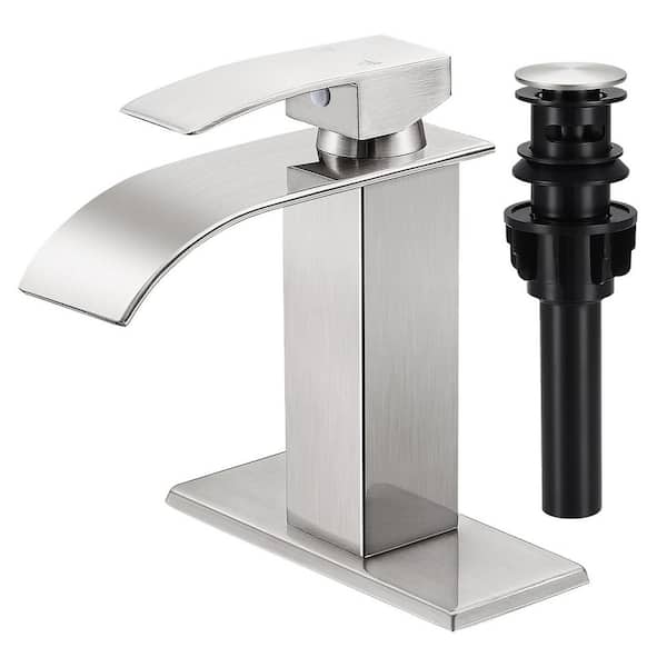 Waterfall Spout Single Handle Single Hole Bathroom Faucet with Deckplate and Pop-up Drain in Brushed Nickel
