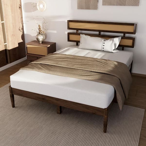 Brown Wood Frame Full Platform Bed with Rattan Headboard