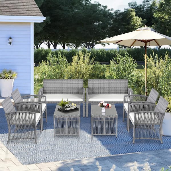 waelph 8-Piece Wicker Patio Conversation Set with Beige Cushions