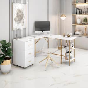 59 in. W L-Shape Gold Home Office Two-Tone Desk with Storage Computer Desk