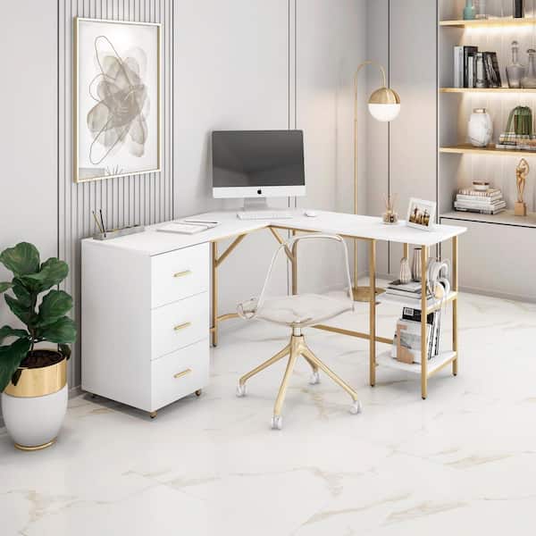 TECHNI MOBILI 59 in. W L-Shape Gold Home Office Two-Tone Desk with Storage Computer Desk