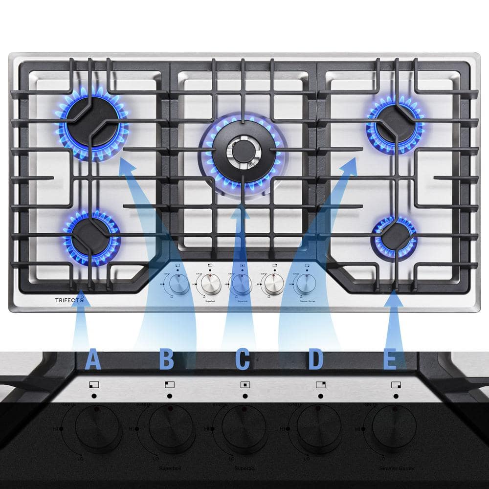 36-Inch Stainless Steel 5-Burner Gas Cooktop with Cast Iron Griddle