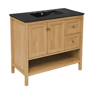 Chateau 36 in. Bathroom Vanity in Brown Oak with Black, 3-Hole Ceramic Sink Top