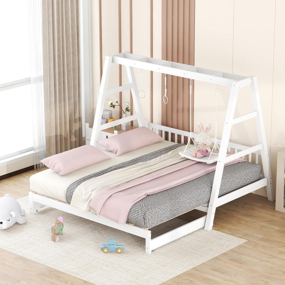 Nestfair Extendable White 80.7 in. W Twin Daybed with Swing and Ring ...
