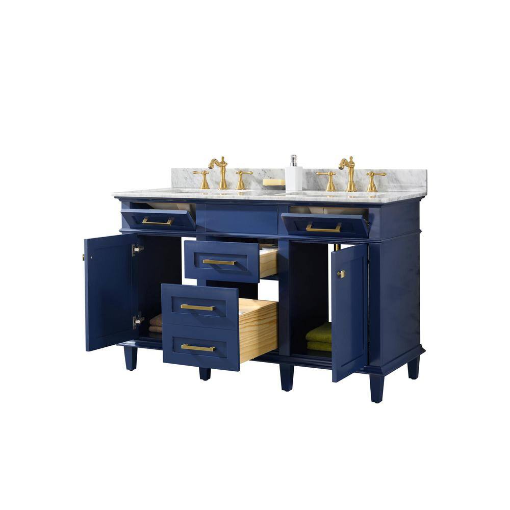 54 in. Navy Blue Double Sink Vanity with Carrara White Marble Top