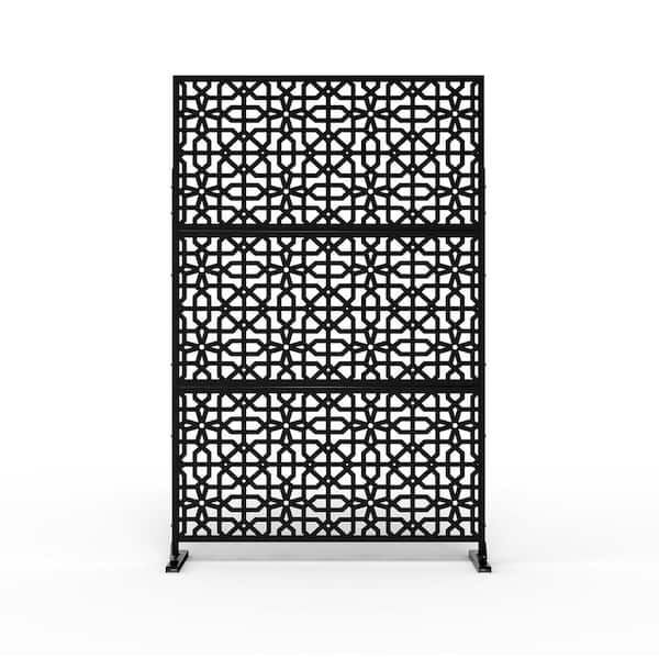 Dovelina 71 in. x 47 in. Laser Cut Metal Black Perilla Pattern Outdoor Privacy Screen (3-Piece Combo)