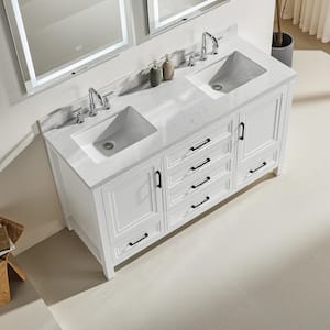 60 in. Soiled Wood Freestanding White Bath Vanity with Carrara Marble Top Assembled