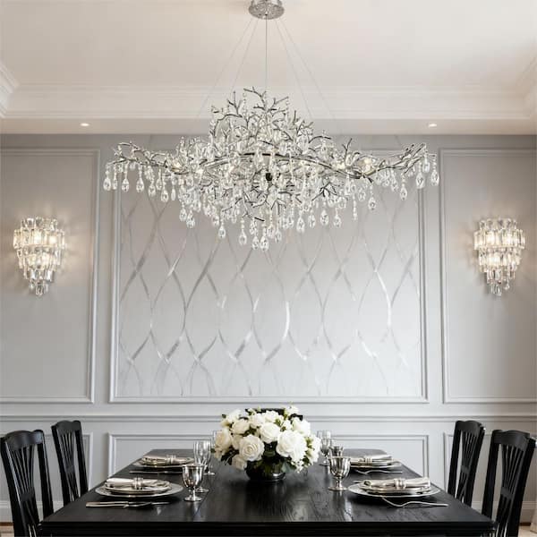 12-Light Luxury Crystal Silver Tree Branch Chandelier for Dining Room, 47 in. Raindrop Chandeliers for Kitchen Island