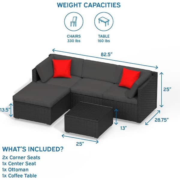 5-Piece Black Wicker Steel Outdoor Sectional Patio Furniture Corner Sofa Set and Coffee Table with Grey Cushions