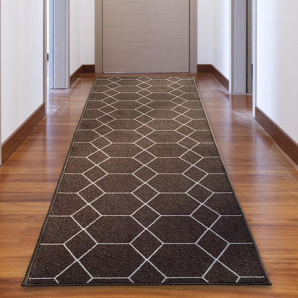 Hexagon Trellis Brown Color 26 in. Width x Your Choice Length Custom Size Roll Runner Rug/Stair Runner