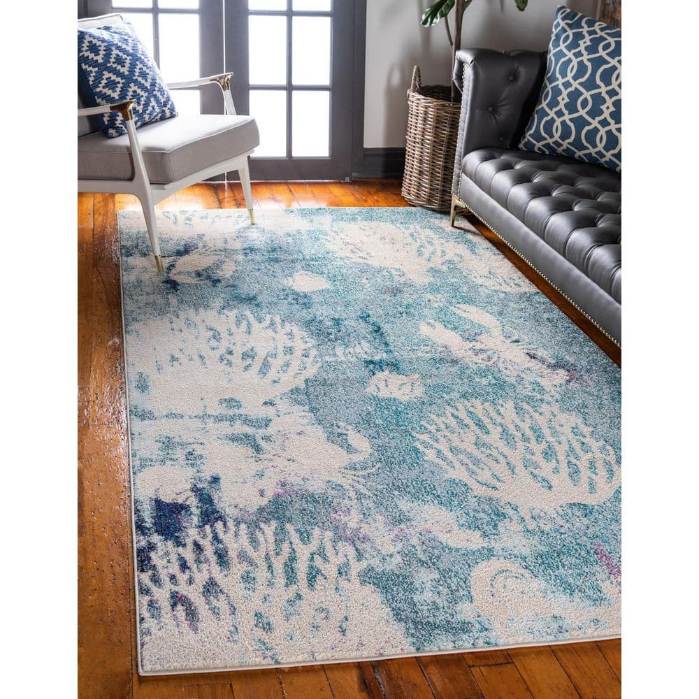 Light Blue Coastal Coral Pattern Synthetic Area Rug, 8' x 10'