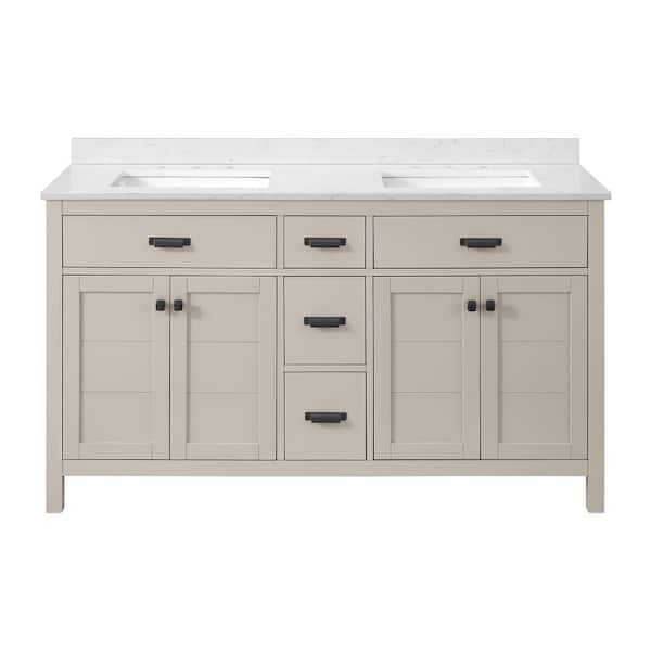 Stanhope 61 in. Double Sink Even Better Beige Bath Vanity with Carrara White Engineered Stone Top (Assembled)