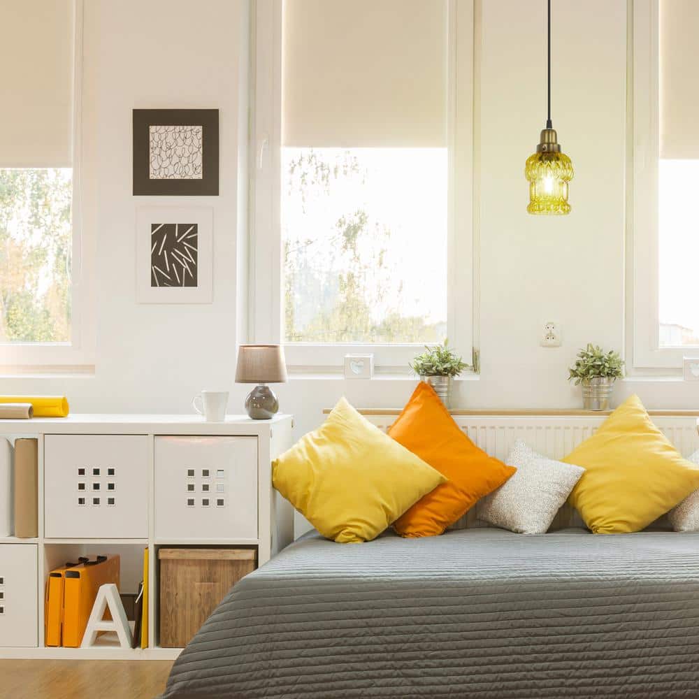 Yellow Textured Glass and Gold Metal Pendant Light, Adjustable Height