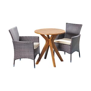Jillian Multi-Brown 3-Piece Wood and Faux Rattan Outdoor Patio Bistro Set with Beige Cushions