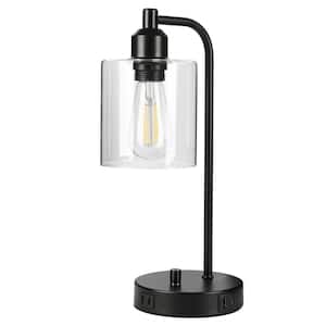 14 in. Industrial Black Table Lamp with Glass Shade for Bedrooms Bedside Lamps with USB Port and Outlet (Bulb Included)
