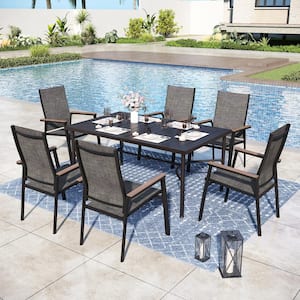 Black 7-Piece Metal Outdoor Patio Dining Set with Straight-Leg Rectangle Table and Stackable Aluminum Chairs