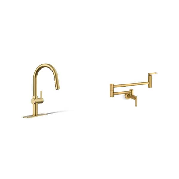 Clarus Touchless Pull Down Sprayer Kitchen Faucet and Wall Mount Pot Filler in Vibrant Brushed Moderne Brass