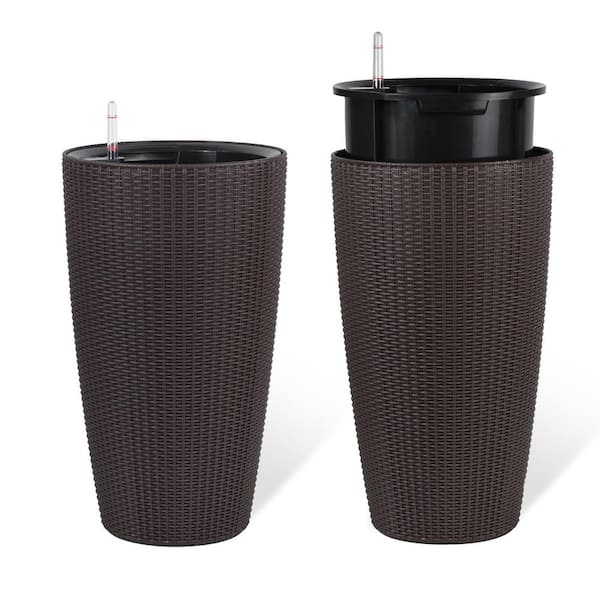13 in. Dia Brown Faux Rattan Outdoor Indoor Large Planter 2-Piece w/ Water Level Monitor Inner Bucket Automatic Watering