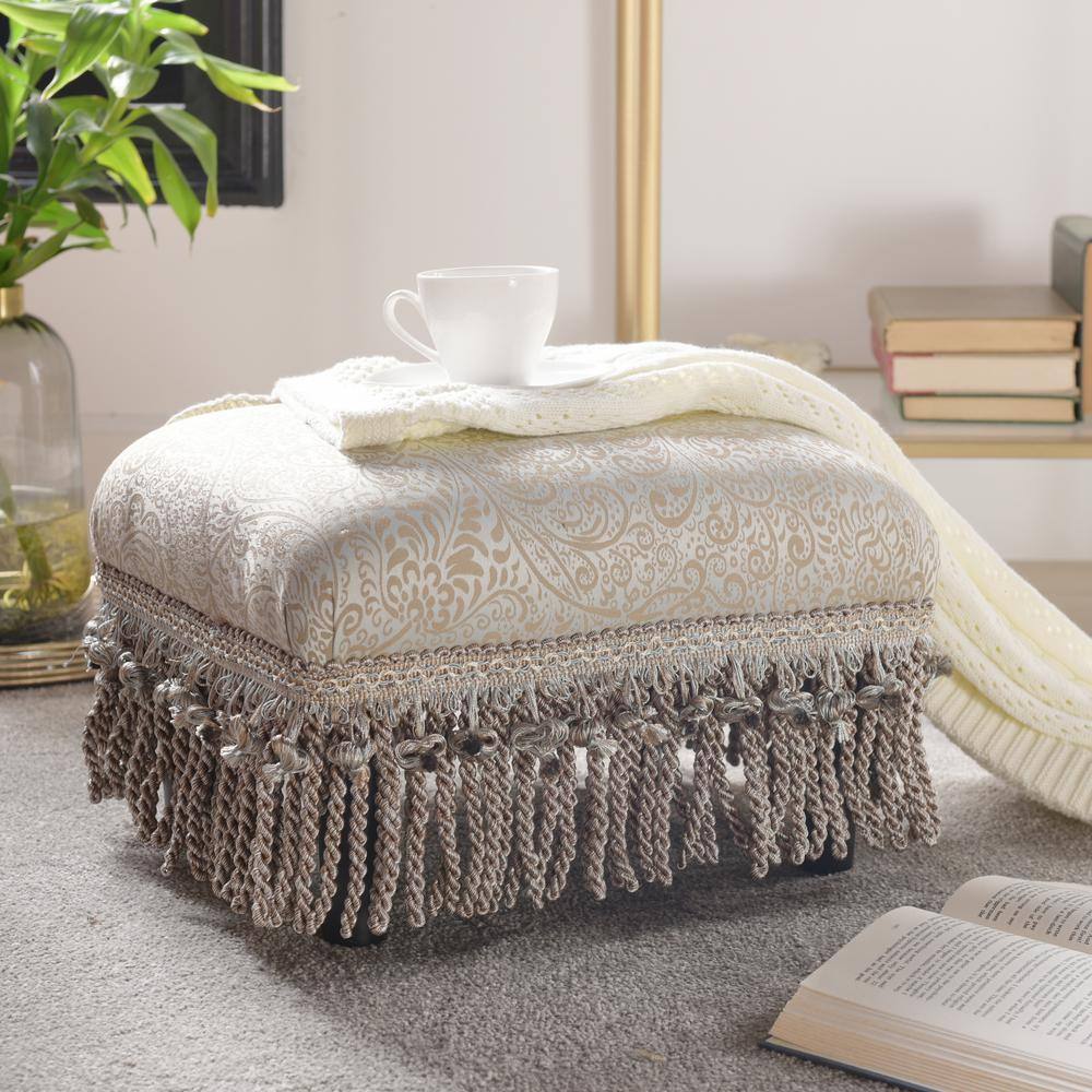 Fiona Teal Tan Polyester Traditional Footstool with Fringes
