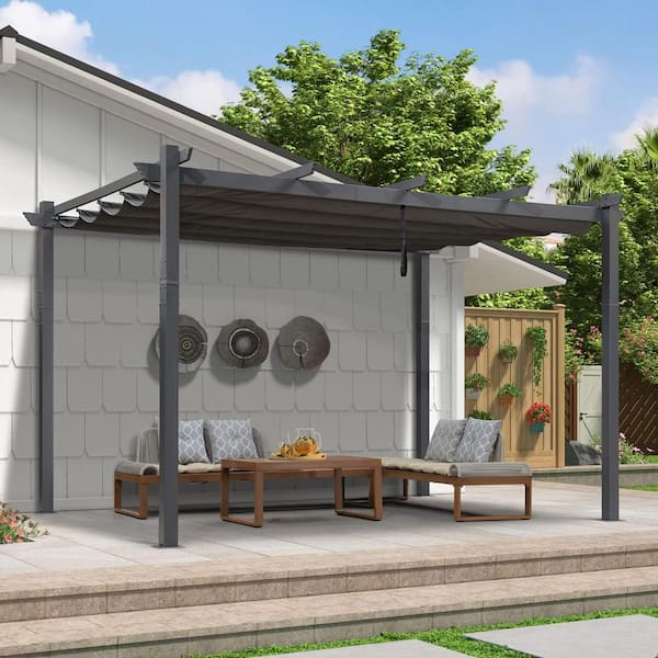 PURPLE LEAF 9.5 ft. x 13 ft. Gray Aluminum Frame Pergola Against The Wall with Gray Retractable Sun Shade Canopy for Porch Garden