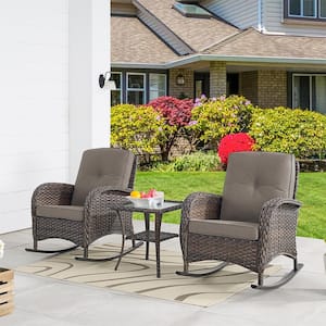 3-Piece Brown Wicker Patio Conversation Set with Gray Cushions and Coffee Table Flat Handrail Rocking Chairs