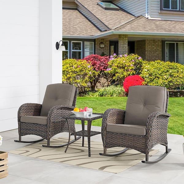 Pocassy 3-Piece Brown Wicker Patio Conversation Set with Gray Cushions and Coffee Table Flat Handrail Rocking Chairs