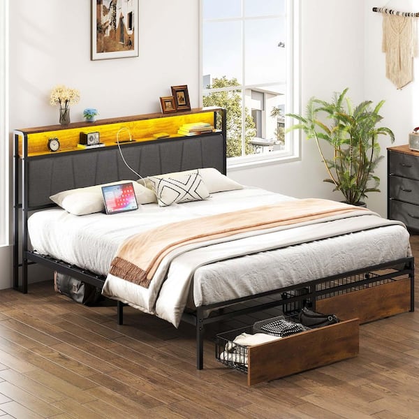 Black Metal Frame Queen Size Platform Bed with Storage Drawers, LED Lights and USB Ports Upholstered Backrest