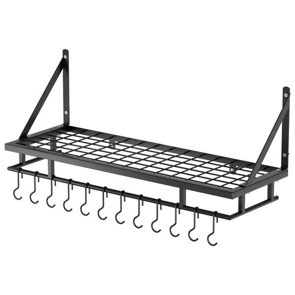30-Inch Wall Mounted Kitchen Pan and Pot Rack with Hooks, Matte Black Hanging Storage Organizer