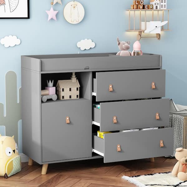 Gray 4-Drawers 44.9 in. Width Changing Table, Kids Dresser, Nursery Storage Organizer with Shelf